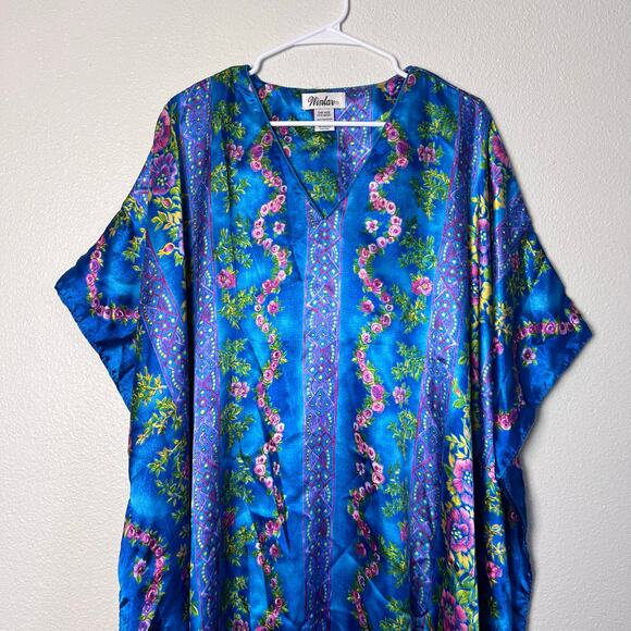 Winlar Blue Floral Satin Kaftan Dress One Size – Boho Lounge Caftan - Picture 3 of 7